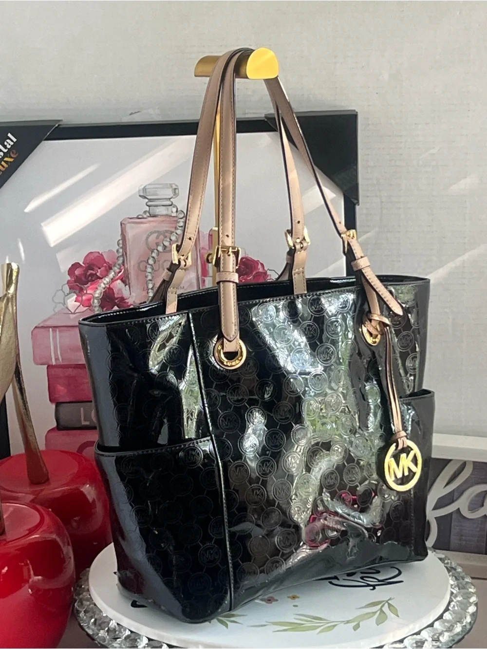 Michael Kors Black Patent with Neutral Leather Handles tote bag